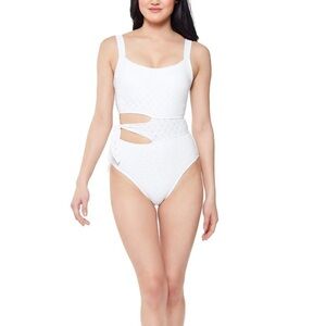 Jessica Simpson Sweet Tooth Solids Cutout White One-Piece Swimsuit